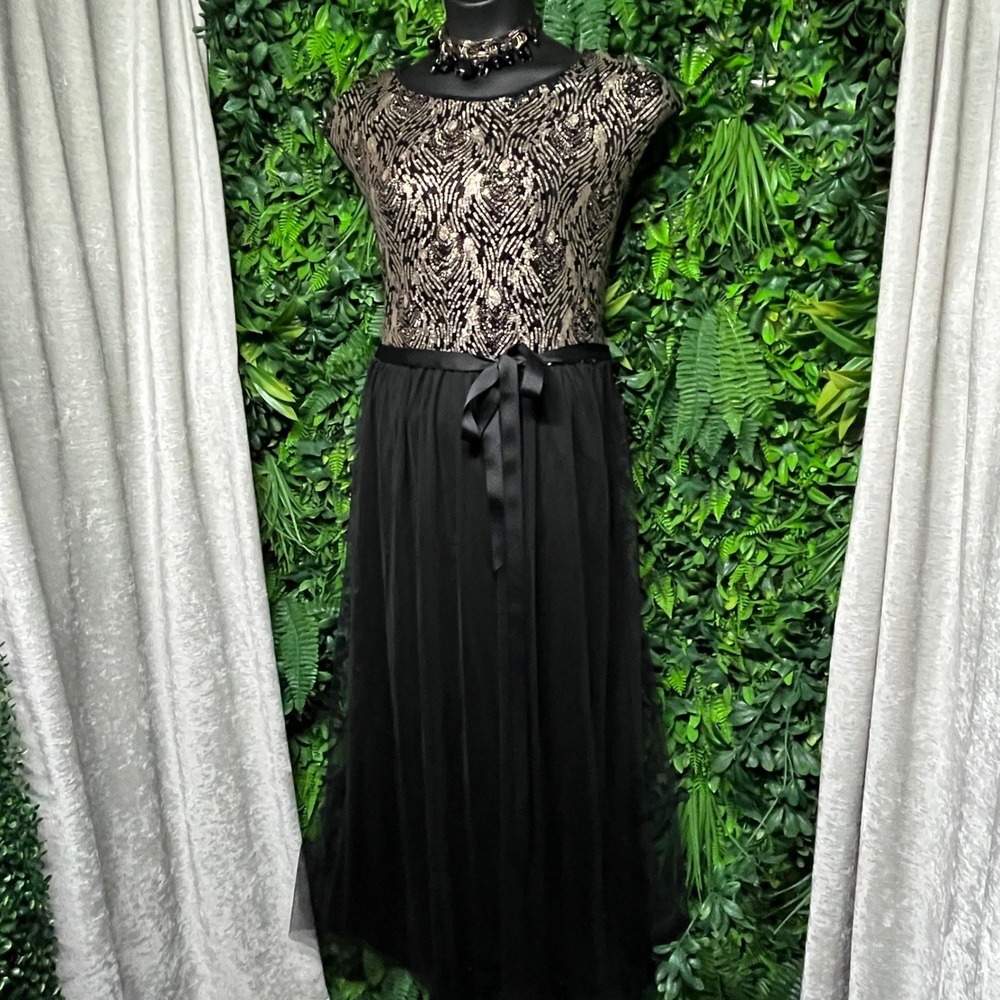 Candalite Dress 3X Black Gold Sequin Tulle Maxi  Gown Formal Cocktail 4164